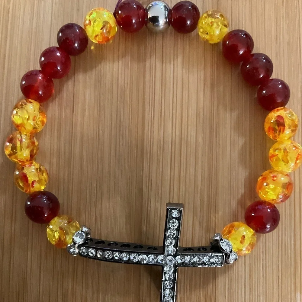 Hand Crafted Bracelet Gemstones with Rhinestone Cross Yellow Red Stretch